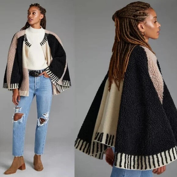 NWT Maeve Anthropologie Dusk & Dawn Capelet Sherpa Colorblock Textured Cape Boho - Picture 11 of 12
